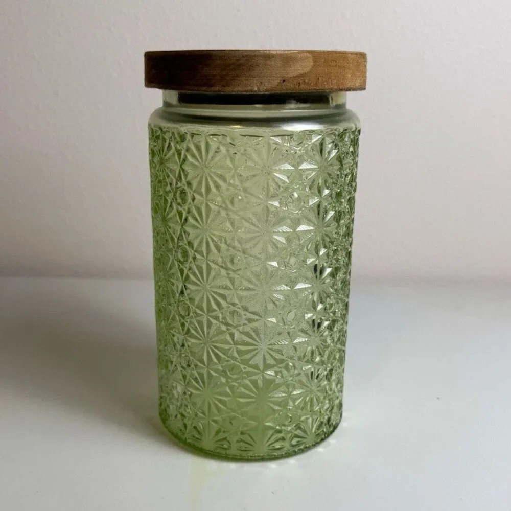 Vintage Sage Green Textured Glass Canister Jar with Wooden Lid Kitchen Decor